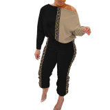 Sexy Contrast Patchwork Print Slash Shoulder Long Sleeve Two-Piece Pants Set