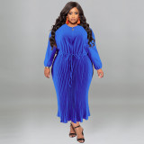 Plus Size Autumn Women's Zipper Round Neck Long Sleeve Pleated Dress