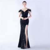 Elegant Feather High-Density Sequined Long Evening Dress