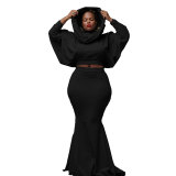 Sexy Slim Solid Color Hooded Fishtail Skirt Set