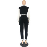 Women's Fall/Winter Casual Cargo Style Color Block Baseball Jacket Sweatpants Sports Two Piece Set