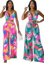 Women Sexy Printed Suspender Lace-Up Top and Pant Two-piece Set