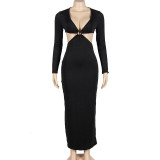 Women Autumn Solid Long Sleeve Cut Out Dress