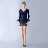 Women ostrich feather beaded velvet long-sleeved Bodycon dress