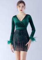 Women ostrich feather beaded velvet long-sleeved Bodycon dress