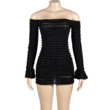 Women Autumn Solid Off Shoulder Long Sleeve Bodycon Dress
