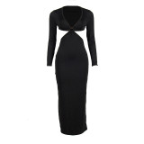 Women Autumn Solid Long Sleeve Cut Out Dress