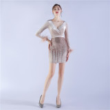 Women ostrich feather beaded velvet long-sleeved Bodycon dress
