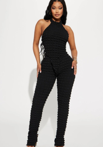 Women Summer Solid Sleeveless Halter Neck Tank Top and Pants Two-piece Set