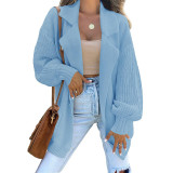 Women Solid Turndown Collar Long Sleeve Knitting Cardigan Sweater