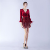 Women ostrich feather beaded velvet long-sleeved Bodycon dress