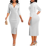 Women Solid Lapel Slit Half Sleeve Dress