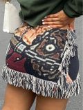 Women Autumn Casual Multi-Color Printed Tassel Mini Skirt