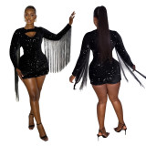 Women Solid Sequined Tassel Long Sleeve Dress
