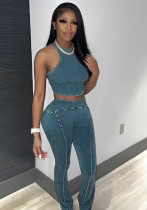 Women Printed Crop Top and Pants Two-piece Set