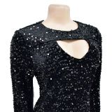 Women Solid Sequined Tassel Long Sleeve Dress