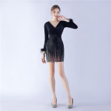 Women ostrich feather beaded velvet long-sleeved Bodycon dress