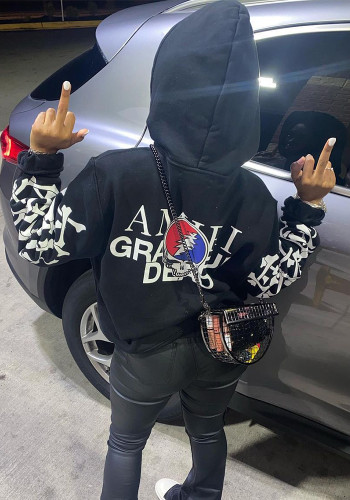 Women Autumn and Winter Printed Hoodies with Large Pockets and Velvet