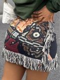 Women Autumn Casual Multi-Color Printed Tassel Mini Skirt