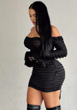 Women Autumn Solid Off Shoulder Long Sleeve Bodycon Dress