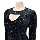 Women Solid Sequined Tassel Long Sleeve Dress
