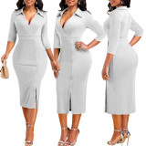 Women Solid Lapel Slit Half Sleeve Dress