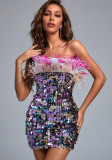 Strapless Slim Fit Feather Tight Fitting Sequin Bodycon Mini Dress