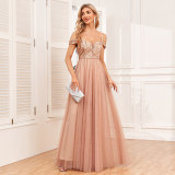 Off-Shoulder Straps Sequin Mesh Patchwork Elegant Party Dress