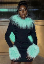 Women's Autumn Fur Collar Patchwork Solid Color Casual Low Back Long Sleeve Slim Dress Women's Autumn Fur Collar Patchwork Solid Color Casual Low Back Long Sleeve Slim Dress