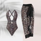 Leopard Print Sexy Deep V Neck One-Piece Swimsuit Mesh Skirt For Women