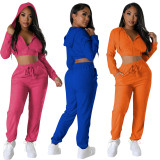 Women's Clothing Fashionable Solid Jacquard Zipper Hoodie Sweatpants Two-Piece Set