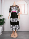 Plus Size African Women Print Round Neck Patchwork Polka Dot Dress