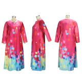 Women's Spring And Autumn Printed Fashion Chic V-Neck Loose Long-Sleeved Dress