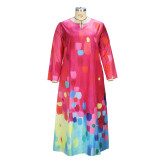 Women's Spring And Autumn Printed Fashion Chic V-Neck Loose Long-Sleeved Dress