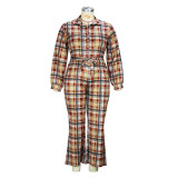 Plus Size Women's Autumn Fashion Long Sleeve Plaid Print Casual Jumpsuit