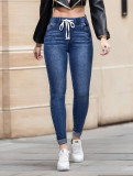 Women's Drawstring Elastic Waist Slim Tight Stretch Denim Pants