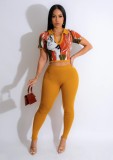 Women's Autumn And Winter Print Turndown Collar Short Sleeve Top Slim Trousers Two Piece Set