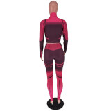 Women's Autumn And Winter Irregular Printed Long Sleeve Tight Fitting Sports Two Piece Pants Set