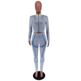 Women's Autumn And Winter Irregular Printed Long Sleeve Tight Fitting Sports Two Piece Pants Set