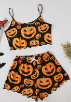 Halloween Funny Pumpkin Print Straps Top And Shorts Loungewear Pajamas Set