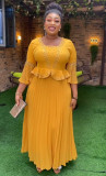 Africa Plus Size Beaded Solid Color Dress Women's Fake Two Piece Pleated Dress