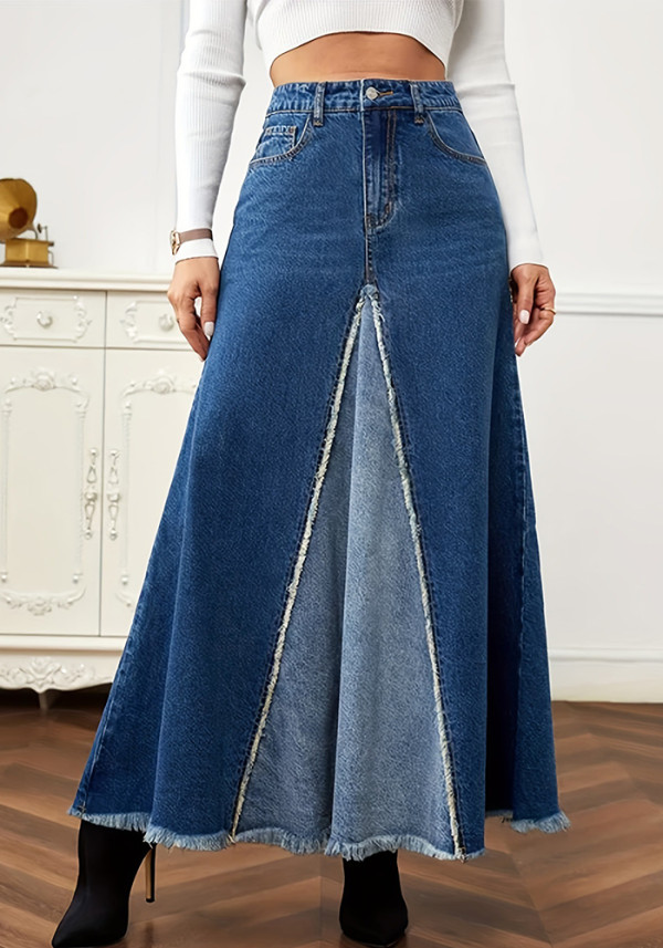 Fashion Hem Patchwork A-Line Denim Long Skirt