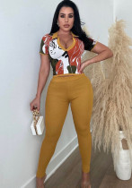 Women's Autumn And Winter Print Turndown Collar Short Sleeve Top Slim Trousers Two Piece Set Women's Autumn And Winter Print Turndown Collar Short Sleeve Top Slim Trousers Two Piece Set