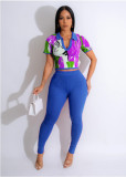 Women's Autumn And Winter Print Turndown Collar Short Sleeve Top Slim Trousers Two Piece Set