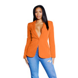 Fashion Women's Sexy V Neck Blazer Solid Color Long Sleeve Coat