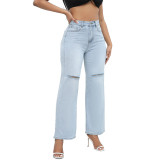 Jeans Blue Wide Leg Straight Denim Trousers