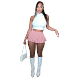 Women summer solid color t-shirt + pleated Dress two-piece set