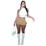 Women summer solid color t-shirt + pleated Dress two-piece set