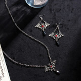 Halloween Dark Gothic Style Exaggerated Red Water Drop Bat Earrings Cross Pendant Necklace