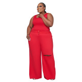 Plus Size Women Top and Ripped Wide Leg Pants Set of Two